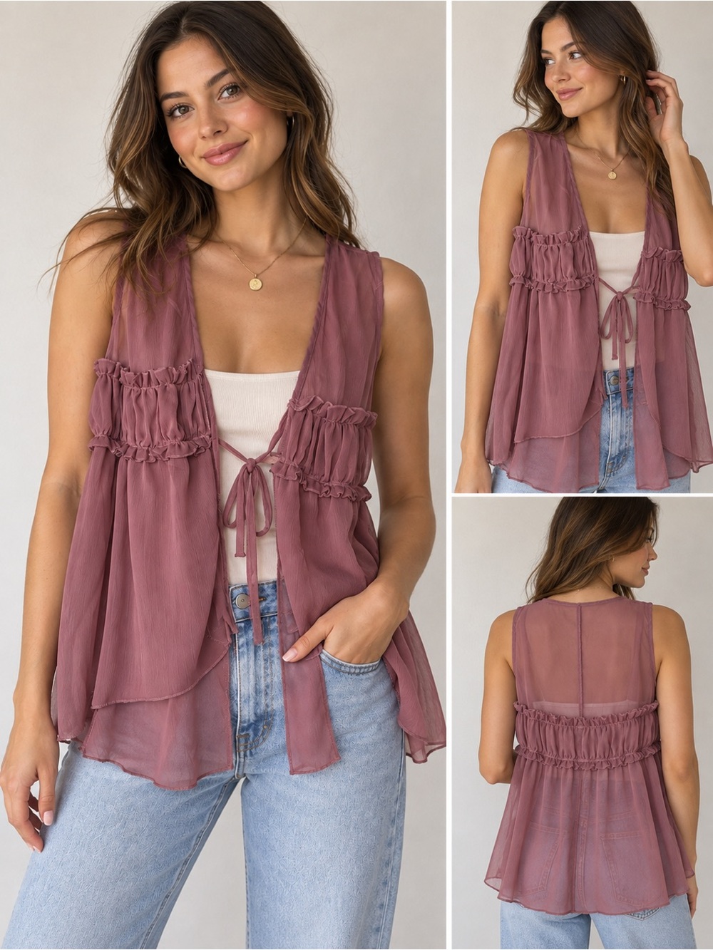 Missguided Mauve Ruffle Tie-Front Sheer Vest